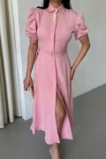 YAKA DÜĞME DETAYLI ELBİSE- Pembe resmi